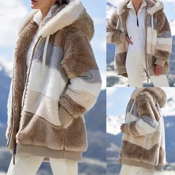 2022 Есенно-зимно дамско палто от изкуствена кожа, топъл плюшено лоскутный джоб с цип, С качулка, Свободно мозайка шарени палта, дамски яке Изображение