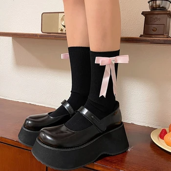Дамски спортни чорапи до коляното, обикновена спортни чорапи със средна дължина, чорапи рубчик, чорапи за пищяла, с лък Изображение