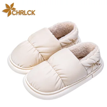 CHRLCK/Водоустойчив Мъжки Памучни чехли 4,0 см, Женски зимни домашни чехли на топло топола, Плюшени домашни обувки на токчета Изображение