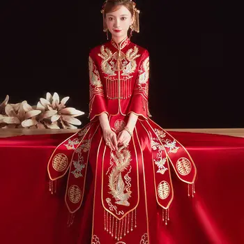 Yourqipao нови Дрехи Xiuhe, Китайското Сватбена рокля Cheongsams за Булката, Луксозни Булчински рокли с дракон и Фениксом, Сватбена рокля за тостер Изображение