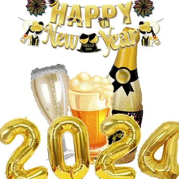 Glod Банер честита Нова година 2024, балон с номер, Бутилка вино, от черно Злато, балони от фолио за новогодишната партита 2024, Стоки Globos Изображение