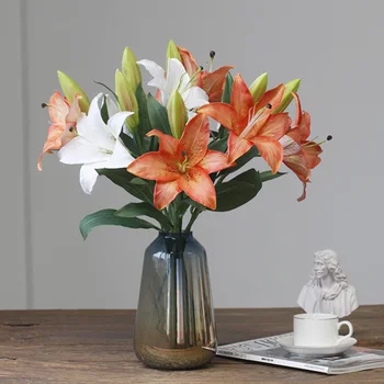 52 см, изкуствени цветя, 2 глави, Коприна букет от Лилии, Сватбена украса за дома, Хол, Изкуствена договореност Изображение