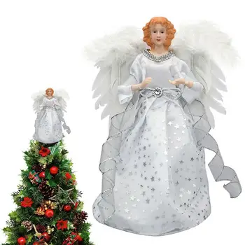 Украса за Коледната елха Ангели, 3D Фигурки на ангели, Върхът на дървото с луксозен рокля, многоцветни светодиоди, работещи на батерии Изображение