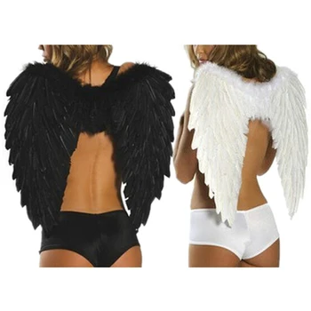 Крилата на един Ангел, сценично шоу, с костюм за Хелоуин, с Бели крила от черни пера, подпори за фотосесия, cosplay, Сватба парти, Подарък за рожден ден Изображение