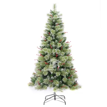 Висококачествена изкуствена коледна елха в белия джоба с украса от червени череши Xmax с метална стойка Изображение