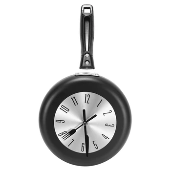 8-инчов висящи стенен часовник с дизайн на тигана, Кухненски метални часовници, тематични уникални стенни часовници, за украса на дома стаен, черен Изображение