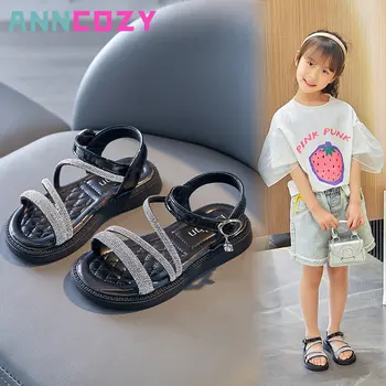 Сандали Принцеси за момичета, Лятото 2023, Нов стил, Универсален детски обувки на равна подметка, Модни плажни обувки за партита, Градинска обувки за деца, мека подметка с кристали Изображение
