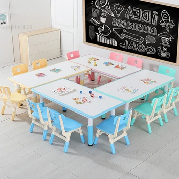 Детски маси, учебна маса и стол в детската градина, може да повиши пластмасови маси, дом Може да пише и да рисува графити, маси за рисуване Изображение