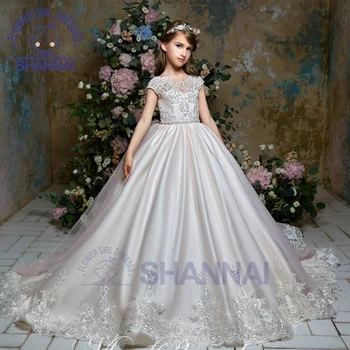 Сватбена рокля с цветя модел за момичета, Бельо, рокля Принцеса трапецовидна форма с дължина до пода, Елегантна рокля за сватба, рокля на шаферка за Първо причастие Изображение