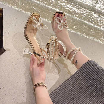 BCEBYL, Летни Модни сандали от PVC с квадратни пръсти на висок ток, Украсени с пайети и Перли, Нови Пикантни Елегантни дамски обувки на висок ток Изображение