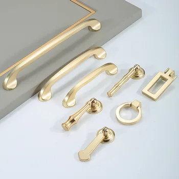 Дръжка за вратата на килера със златна дръжка, дръжка за чекмедже, дръжка за шкаф, лека луксозна модерна проста профили с пръстен в една дупка. Изображение