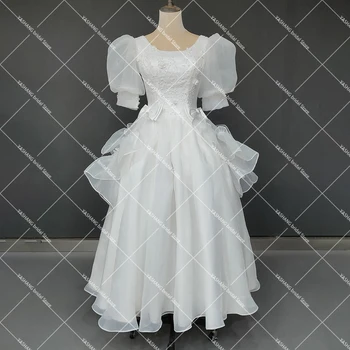 Буйни сватбени рокли от органза с къси странични разклонения, реални снимки, овалния силует, във дължина на щиколотку, бяло винтажное сватбена рокля Изображение