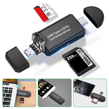 3 в 1 Type C Micro USB 2.0 SD TF Карта за Четене на Високоскоростни устройства за Четене на Сувенири Карти, Samsung, Huawei Mobilephone Adapter Card Reader Изображение