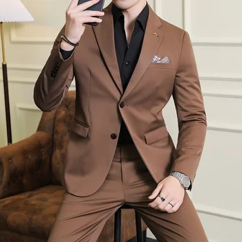 Костюм в две копчета 2023, 8 цвята (костюм + панталон, модерен и красив тренд на бизнес тънък обикновен костюм, комплект от две части Изображение