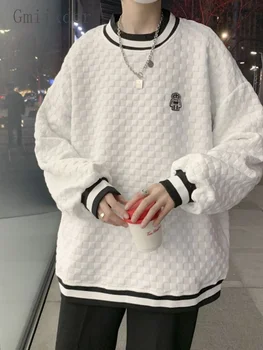 Мъжки hoody с кръгло деколте, пуловер една ивица, Женски случайни топ в стил хип-хоп с вафли, Градска Зимна бяла Градинска облекло Изображение