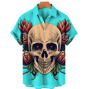 Нова Оригинална Риза на Хаваите Мъжки Негабаритная С Къс Ръкав Летни Блузи Y2k Мъжки 3D Принт на Ужасите Череп Harajuku Облекло Kanye Dazn Изображение