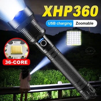 Супер мощен led фенерче XHP360 18650 или 26650, фенер Голям капацитет, акумулаторна тактическа светкавица, USB зареждане, фенерче Изображение