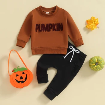 Citgeett/ Есен облекло за малки момчета на Хелоуин, блузи с дълъг ръкав и цветни панталони с бродерия букви, комплект дрехи Изображение