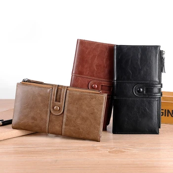 Нов Мъжки дълъг чантата с няколко карти в Ретро стил от мека Кожа, анти-кражба на чанта за кърпички, портфейл за Мъже Изображение