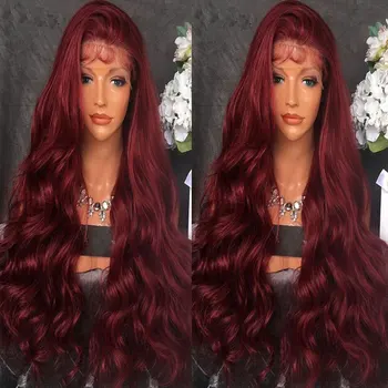 Тъмно Вино-червено Синтетични косми На дантели, перуки Свободен Вълна, Висококачествено термостойкое влакна, предварително выщипанное с детски коса За жени Изображение