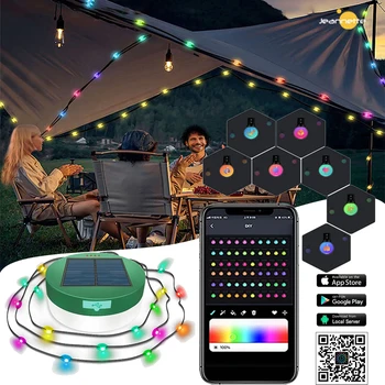 Слънчеви Гирлянди за къмпинг Слънчев Гирляндный лампа RGB Smart APP Контрол, Акумулаторна батерия Bluetooth led Външен водоустойчив лека нощ Изображение