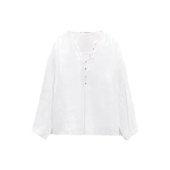 Zach AiIsa благородна лятна новост, темпераментен проста женска риза от чист лен с дълъг ръкав и V-образно деколте, украсена с копчета, без ежедневна риза Изображение