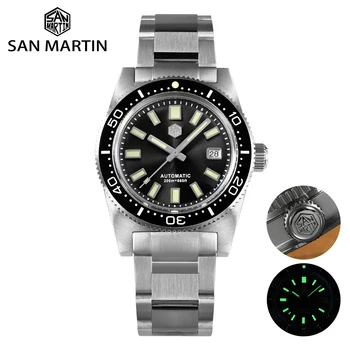 Мъжки Часовник San Martin 62mas 37mm Diver с Класически Луксозен Сапфирено Стъкло PT5000, Автоматични Механични Часовници с Датата на 20Bar C3, Светещи Изображение