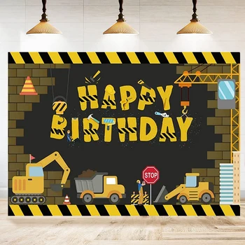Фон за Снимки на строителната площадка Багер, Самосвал с Кран Тухлена Стена на Фона на Декор за Парти по случай рождения Ден на Банер Изображение