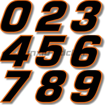 Потребителски шрифт с цифри, черно с оранжев кант, етикети на състезателен камион, лаптоп, мото-каска, аксесоари за врати книга, лепенки за прозорци, адаптивни Изображение