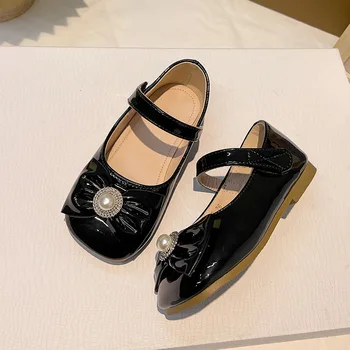 Черни обувки от лачена кожа за момичета, Новият корейски стил, детски модни ежедневни лоферы с лък, Универсален детски обувки за училище изяви Изображение