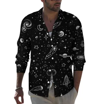 Риза Moon Star, Пролетни Ежедневни ризи Space Galaxy Universe, Мъжки Реколта Блузи с Дълъг ръкав, Графична козметична дрехи Големи Размери Изображение