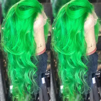 Ярко зелено Синтетични перука на съвсем малък Отпред, Свободна вълна, Висококачествено термостойкое влакна, предварително выщипанный косата е естествен За жени Изображение