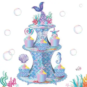 Кула за кифли Meermaid Цветна трехслойная поставка за торта с опашка на русалка, за да служи на кексчета, тава за парти в чест на рождения ден Изображение