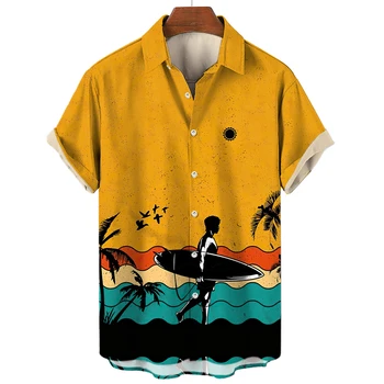 2023 Нови Мъжки Ризи с къс ръкав, Хавайска риза, за да сърфирате, мъжки модни дрехи за почивка на плажа, Мъжка блуза, копчета, Дрехи Изображение