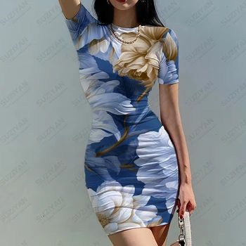 Темпераментное рокля с флорални 3D принтом в стил Харадзюку, рокля с къс ръкав, Модерно ежедневна рокля на Жената е често срещано рокля с кръгло деколте Изображение