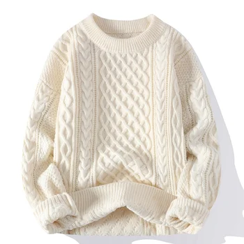 Зимна Мъжка Ретро Привкус-Пуловер с кръгло деколте, Обикновен Мъжки Вязаный Пуловер Свободно, Намаляване, мъжки ретро-пуловери в стил Харадзюку, Цветни Изображение