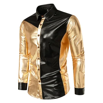 Блестящо Метално рокля-риза За Мъже 2023 Златното Черна Рокля в стила на мозайка, Ризи 70-те години, Дискотека, Парти за Хелоуин Костюм за Бала, Ризата XXL Изображение