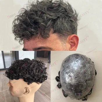 20 мм Извратени мъжка перука от плътен сив цвят на кожата от човешки косъм, сверхпрочный капилярна протеза, черно-кафяви изкуствена коса с естествена линия на растеж на косата Изображение