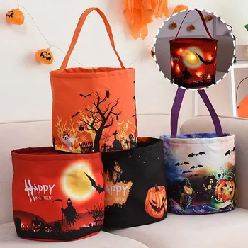 Торбичка за подарък за Хелоуин, с led подсветка, Торбичка за бонбони, чанта-тоут, Кофа за съхранение на шоколадови бонбони, Множество Подарък кошница за Деня На Благодарността, Детски подарък Изображение