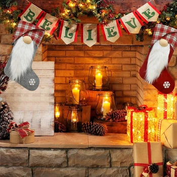 Коледни чорапи, подарък чанта, Камина, Коледно дърво, Подвесная висулка за украса на дома, спални, Торбичка за бонбони 45x20 см Изображение