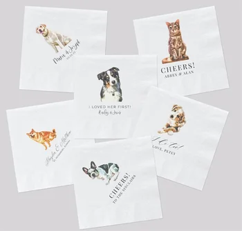 50 бр. пълноцветни персонализирани коктейлни салфетки за домашни любимци, коктейлни салфетки за кучета по поръчка, сватбени кърпички за двойки с монограм Изображение