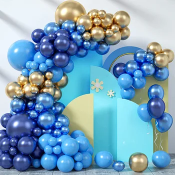 Венец от балони, огънати от латекс балони, синьо-златни набор от венци от балони, декорация на партита в чест на рождения ден на момчето за душата, за душата Изображение