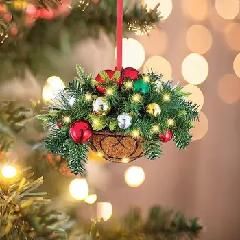 Коледен комплект за домашен интериор за Многократна употреба дърво коледна украса 5 Дървени Висящи кошници с изкуствена зеленина Цветни топки Парти Изображение