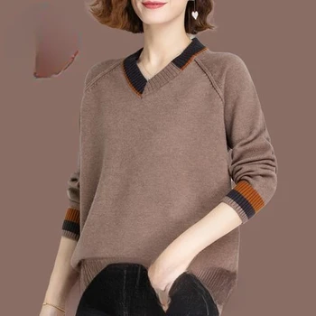 Жена пуловер голям размер 2023, есенно-зимния нов вязаный пуловер с V-образно деколте, свободно спускане, обикновен мек вязаный пуловер B575 Изображение