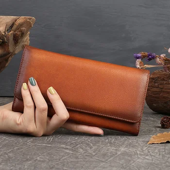 Дамски Дълги портмоне, Чанта за пари, държач за няколко карти от естествена кожа, Дамски клатч от естествена кожа, чанти-портфейли Изображение