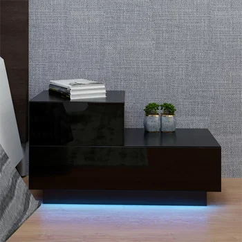Нощно шкафче с 2 чекмеджета, малка странична масичка led RGB за спални, черен Изображение