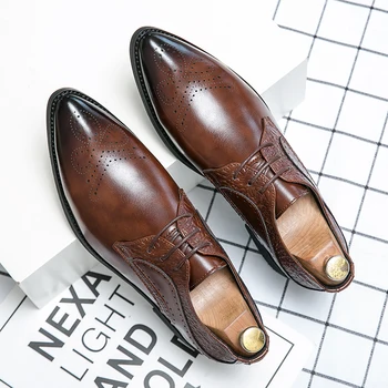 Луксозни бизнес мъжки кожени обувки с перфорации тип 