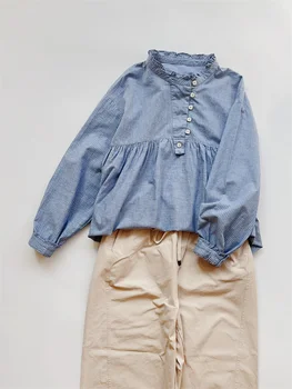 Уникално яка с волани, Шарени странични бутони, Памучен риза с дълъг ръкав Mori Момиче Есен 2023 Изображение