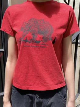 Памучни тениски с принтом бяла мечка, Дамски летни червени улични тениски с кръгло деколте и къс ръкав, ежедневни реколта красиви върхове Harajuku 2023 Изображение