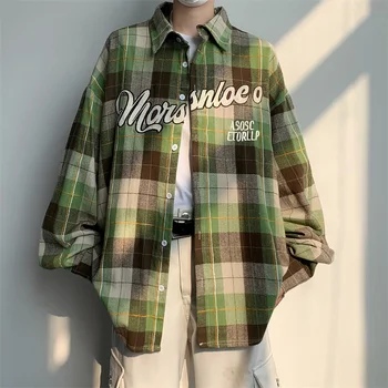 Мъжка риза в клетката с бродерия, ежедневно сако в стил ретро с дълги ръкави, пролетно-есенна двойка блузи с отложным яка, однобортные върховете Изображение